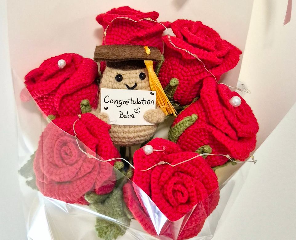 Graduation Smiling Plush Toy Fun Crochet Flower Add-On My Crochet Flowers. Sydney Graduation Smiling Plush Toy Fun Crochet Flower Add-On My Crochet Flowers. Sydney