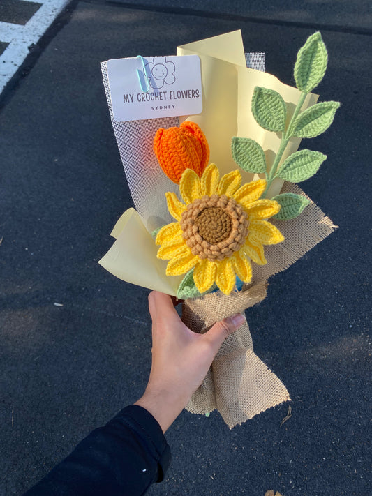 Sunflower & Orange Tulip Crochet Bouquet