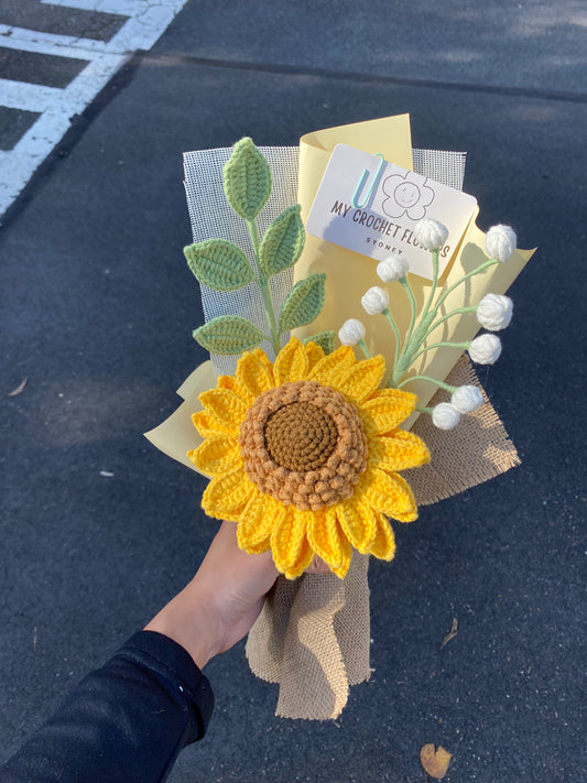 Double Layered Sunflower & White Flower Crochet Bouquet