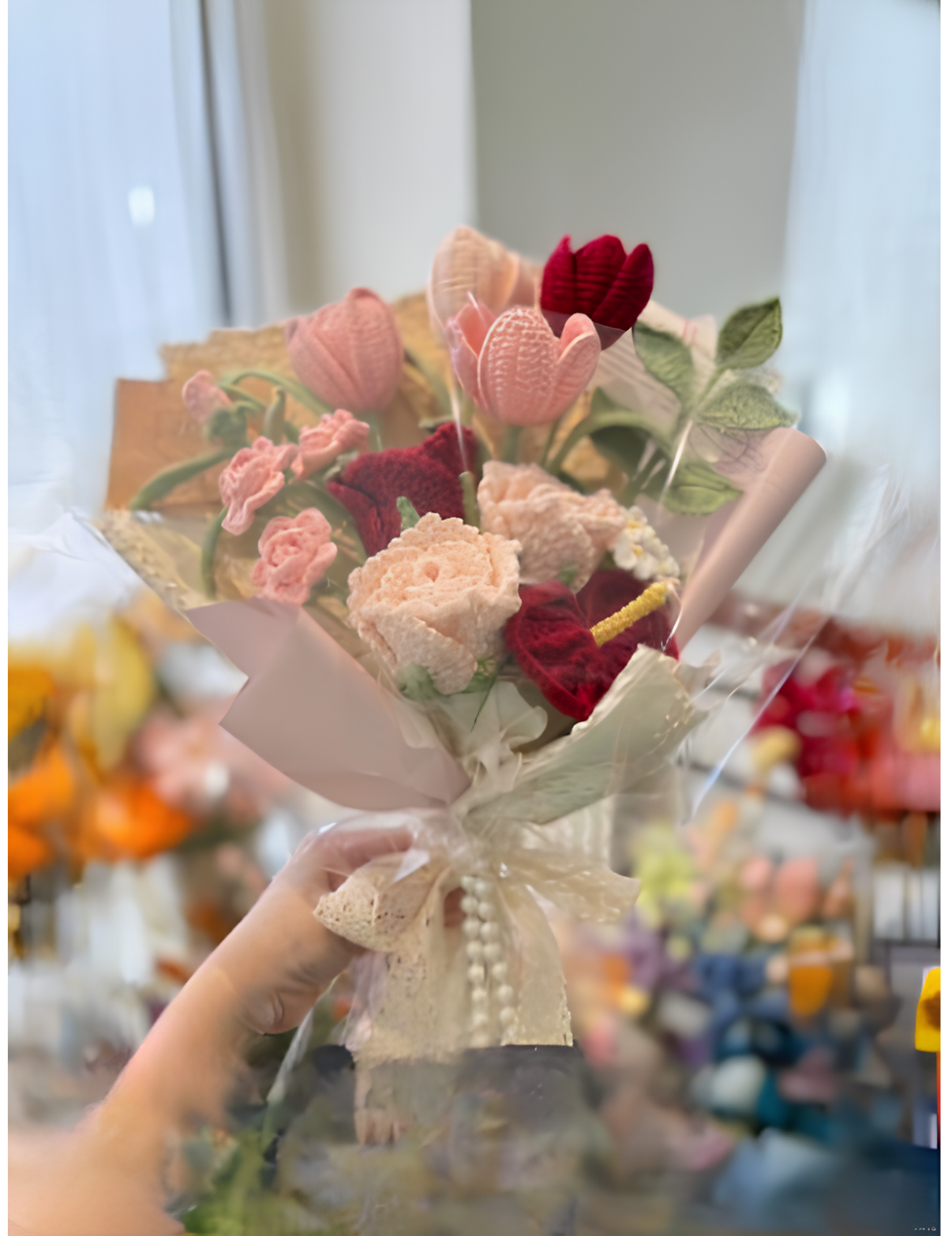 Premium Peach Tulip & Burgundy Anthurium Rose Bouquet