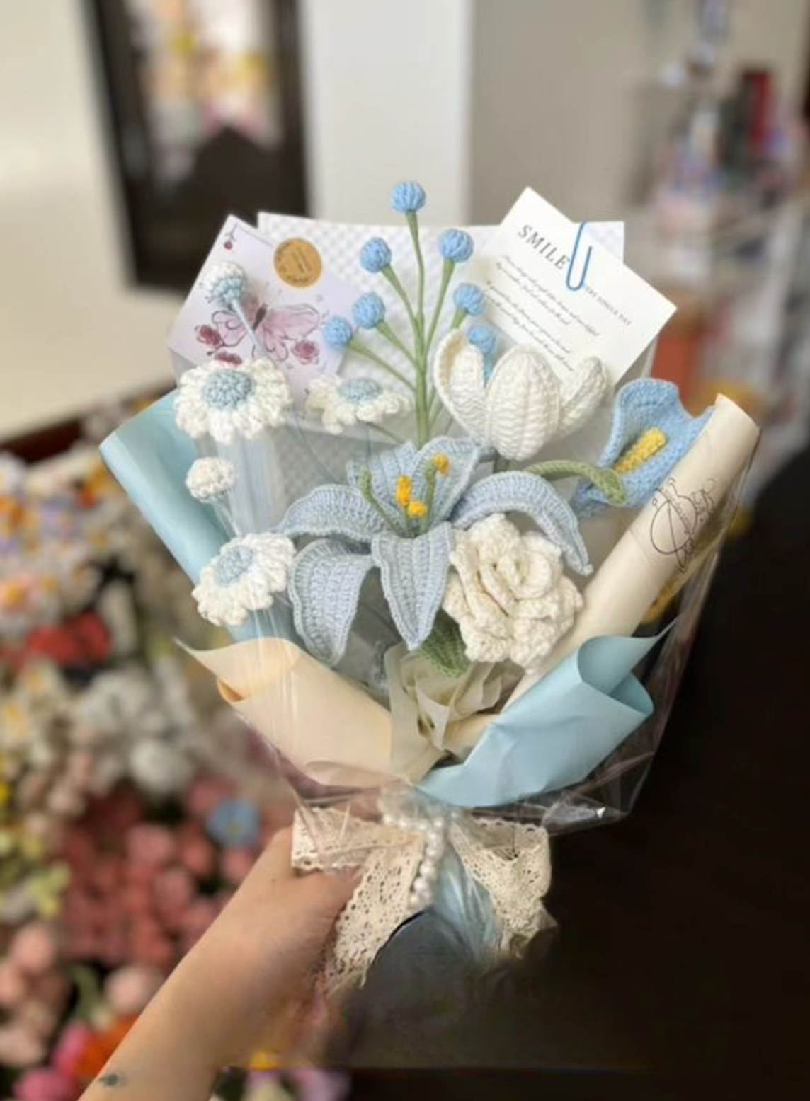 Soft Blue Lily & White Roses Bouquet