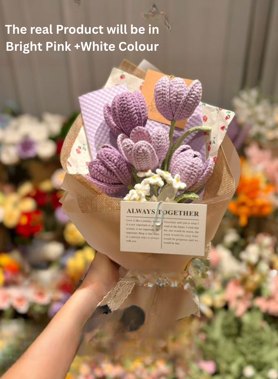 Bright Pink Tulip Crochet Bouquet