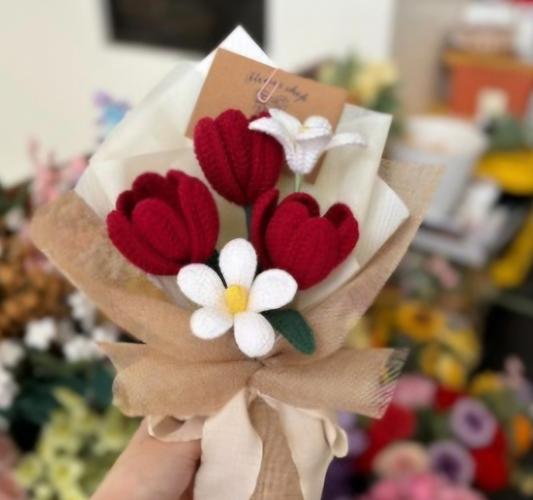 Red Tulip & Frangipani Crochet Bouquet