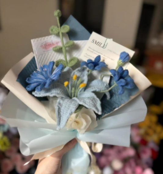 Blue Lily mixed flowers Crochet Bouquet